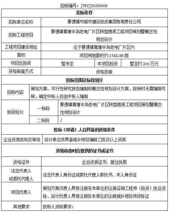 景德鎮(zhèn)青塘半島老電廠片區(qū)轉(zhuǎn)型提質(zhì)工程項目策劃暨概念性規(guī)劃設(shè)計招標(biāo)公告