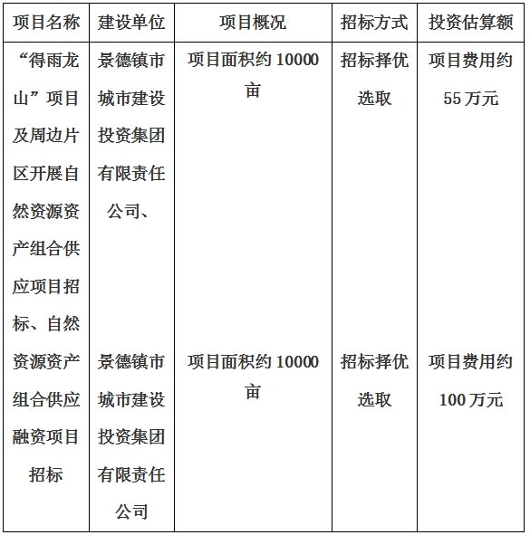 景德鎮(zhèn)市“得雨龍山”項(xiàng)目及周邊片區(qū)開展自然資源資產(chǎn)組合供應(yīng)項(xiàng)目、自然資源資產(chǎn)組合供應(yīng)融資項(xiàng)目招標(biāo)計(jì)劃公告